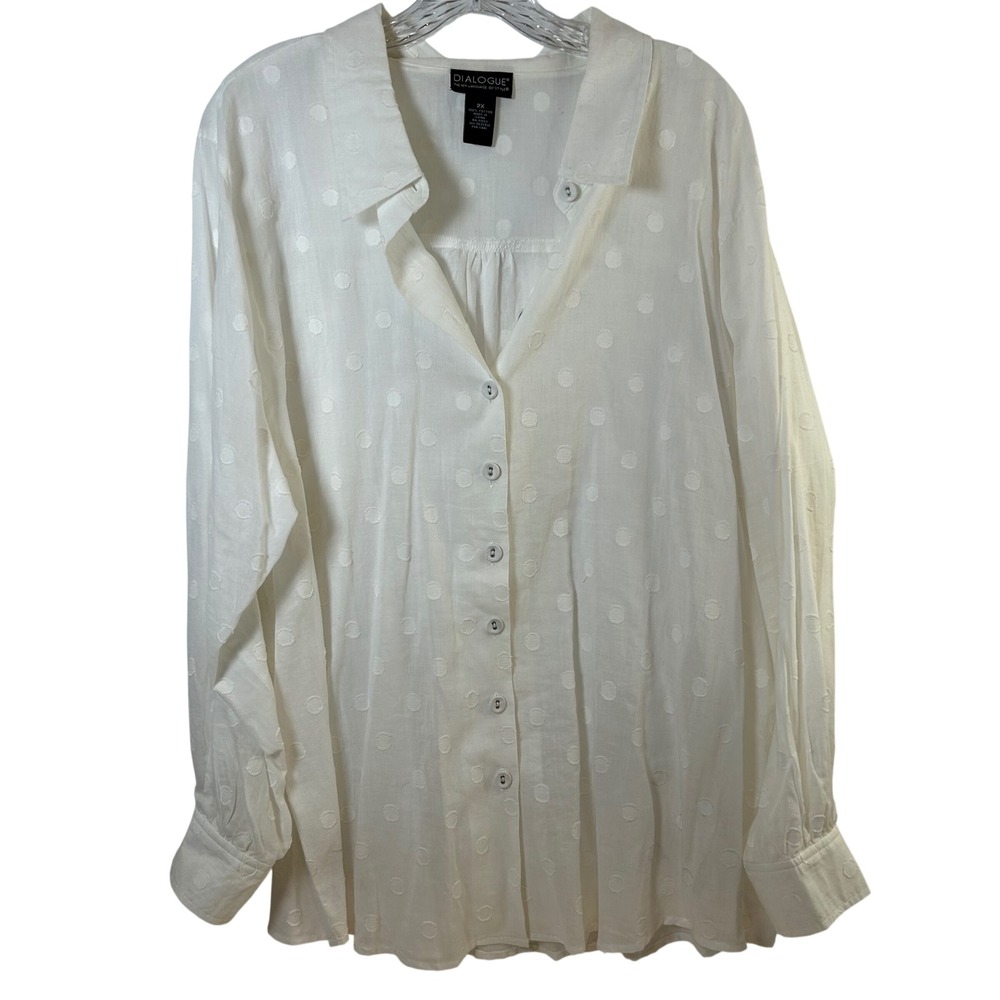 Dialogue White Swiss Dot Cotton Button Down Shirt Plus Size 2X Long Sleeve Top